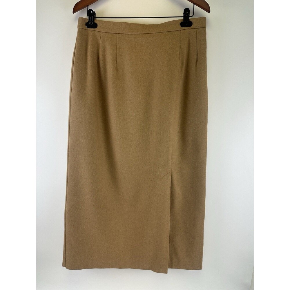 Requirements Woman Wool Midi Skirt Tan Front Slit Straight Pencil Lined Plus 16W